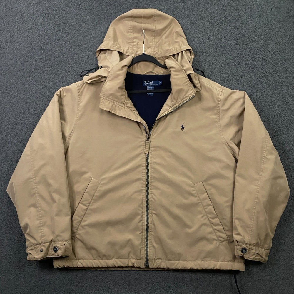 Vintage Polo‎ Ralph Lauren Jacket Mens XL Fleece Lined Hooded Full Zip Pony Tan